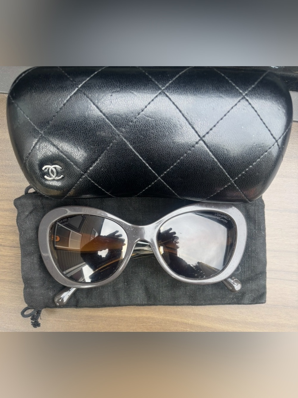 CHANEL Grey Polarized Cat-Eye Sunglasses with Black Quilted Case